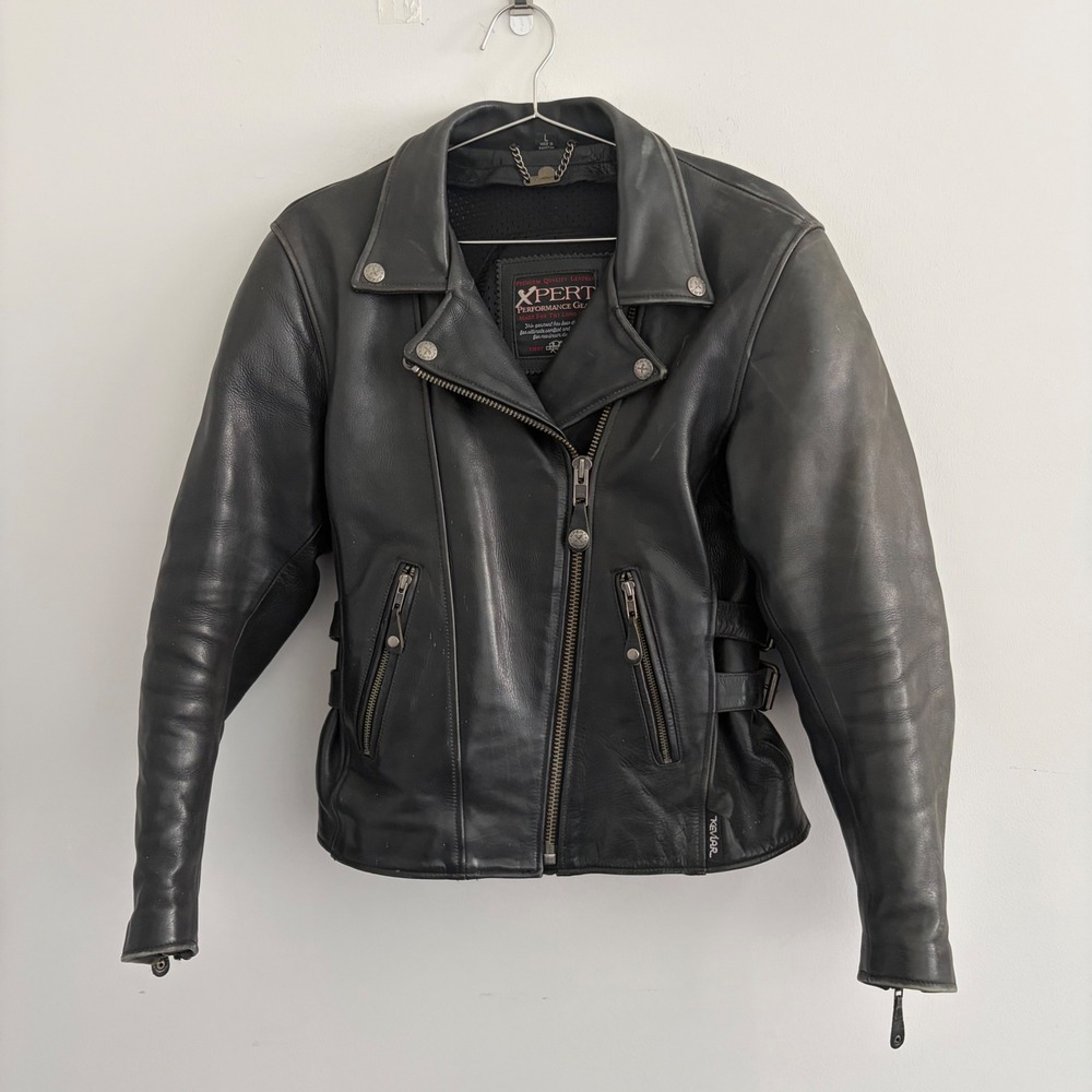 Xpert Performance Gear Womens Black Leather Biker Jacket 80s Vintage Size Large